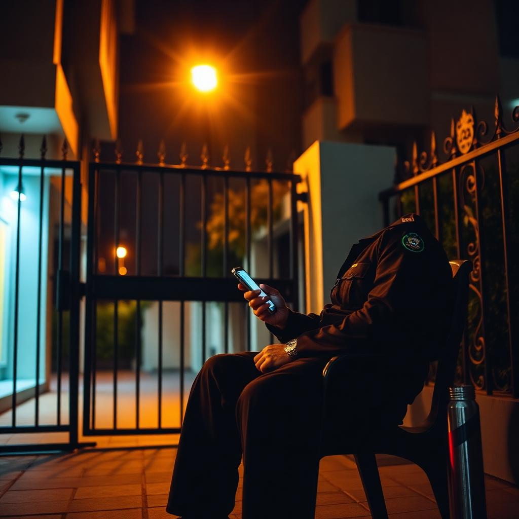 Pakistani night security guard in dark uniform seated at a residential gate at 2am, warm street lamp overhead, holding a smartphone with a thermos of chai beside him