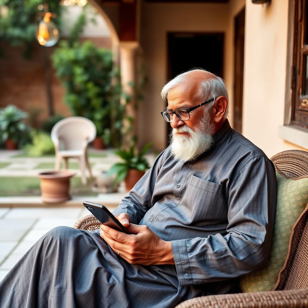 Elderly Pakistani retired uncle in shalwar kameez with reading glasses using smartphone peacefully in home courtyard