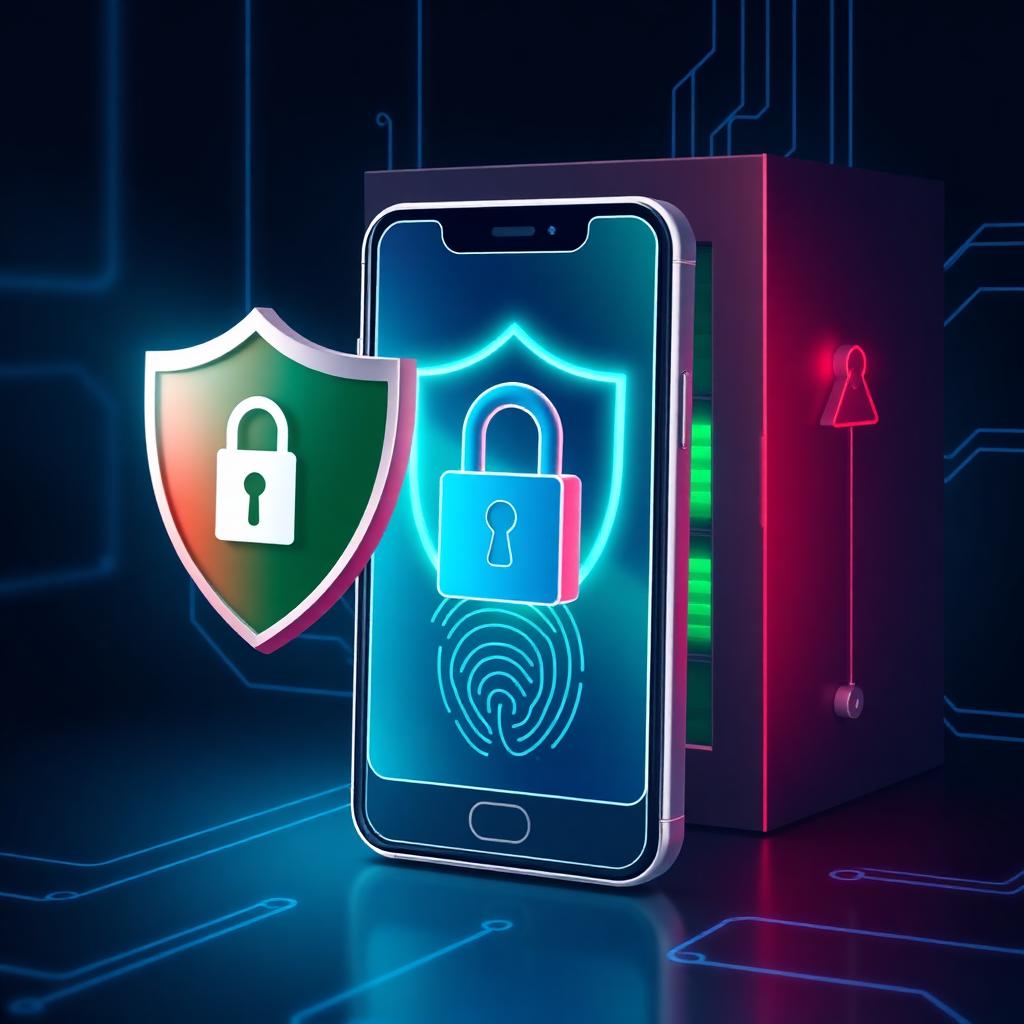 Smartphone with security shield, padlock and fingerprint on circuit background — mobile wallet security