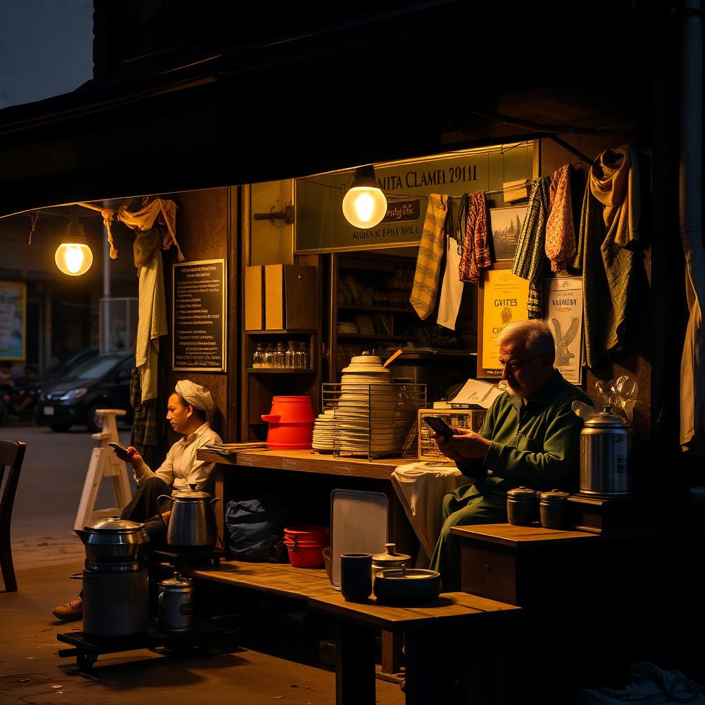 Pakistani chai dhaba at night with warm lights and owner sitting on bench using smartphone during slow hours