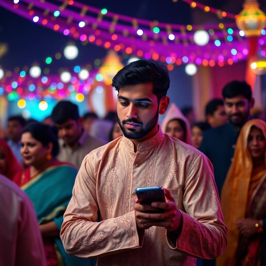 Young Pakistani man in shalwar kameez discreetly using smartphone at a colorful wedding gathering
