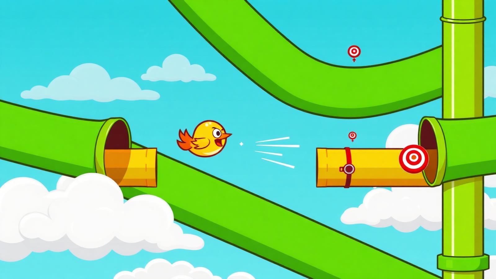 Cartoon flappy bird flying between green pipes with target markers