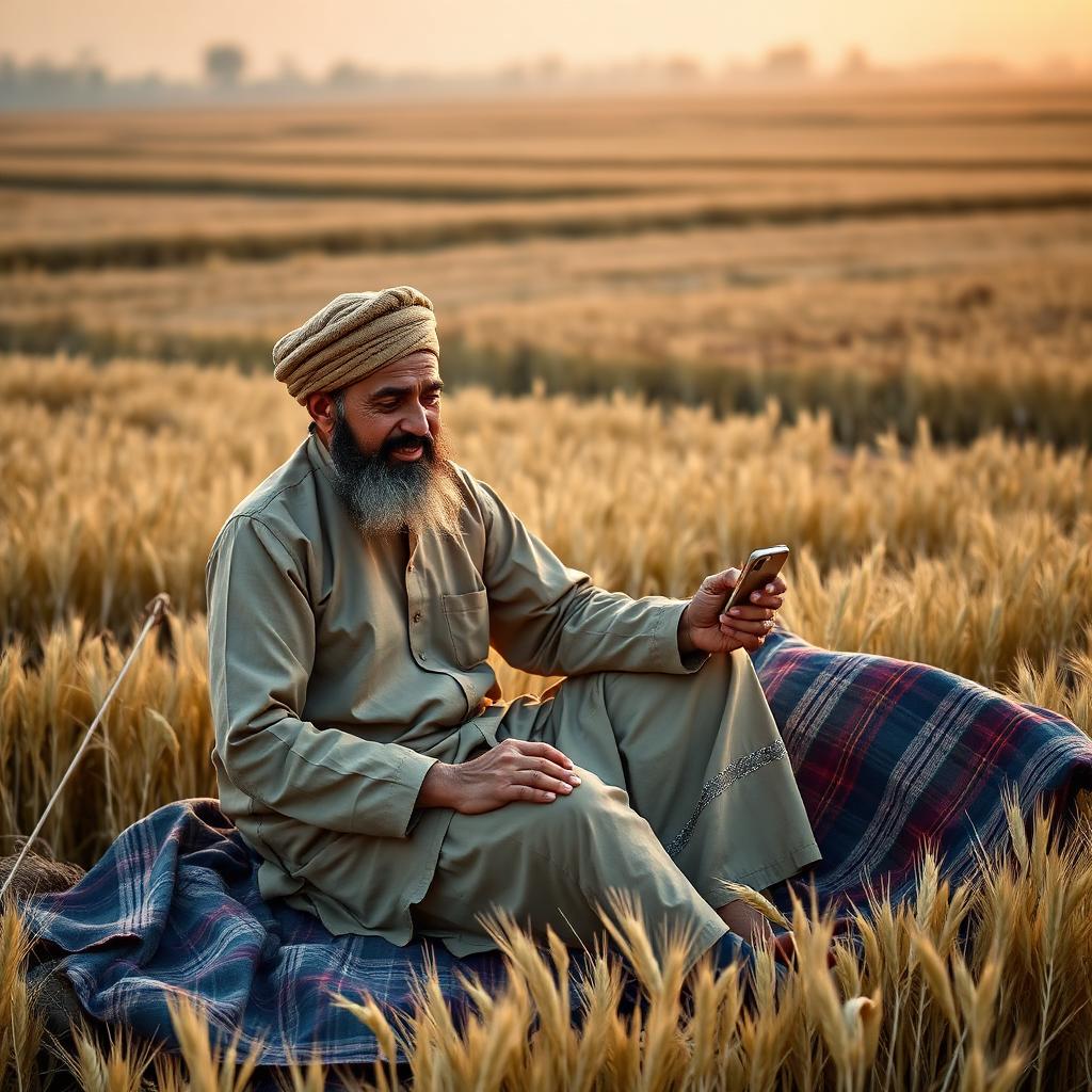 Pakistani farmer kissan in shalwar kameez and Sindhi cap sitting on charpai in wheat field using smartphone at golden hour
