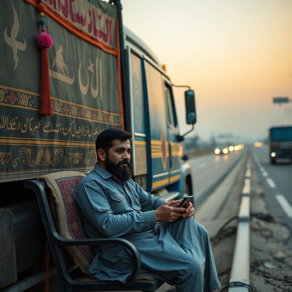 Pakistani truck driver relaxing on charpai at highway dhaba next to colorful decorated truck with chai and smartphone at dusk