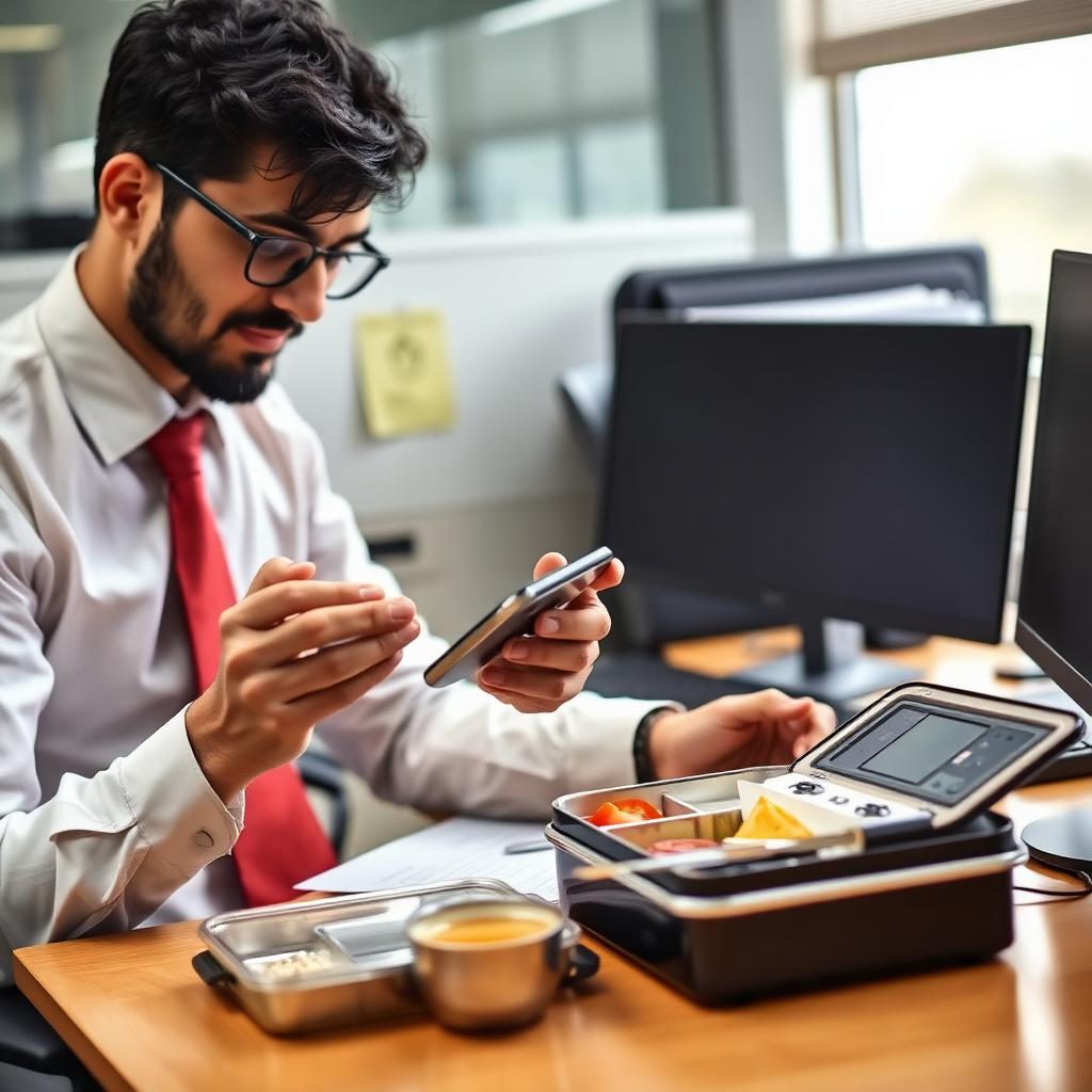 Pakistani office worker in shirt and tie playing mobile game during lunch break at his desk with lunchbox and chai