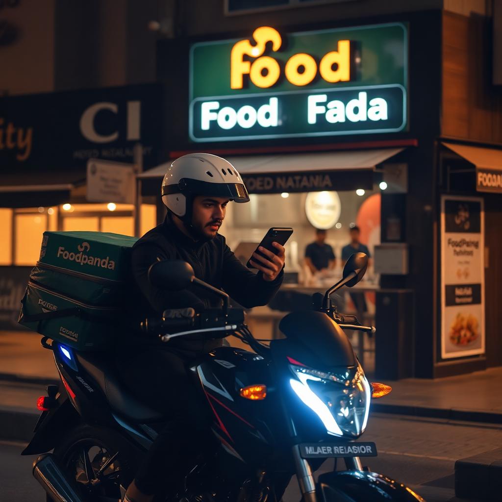 Pakistani Foodpanda delivery rider on motorbike checking smartphone outside restaurant at night