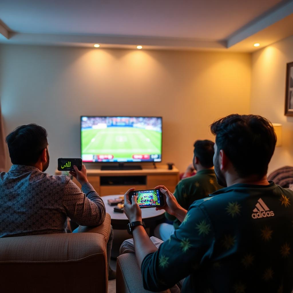 Pakistani friends watching cricket match on TV with smartphones in hand during ad break