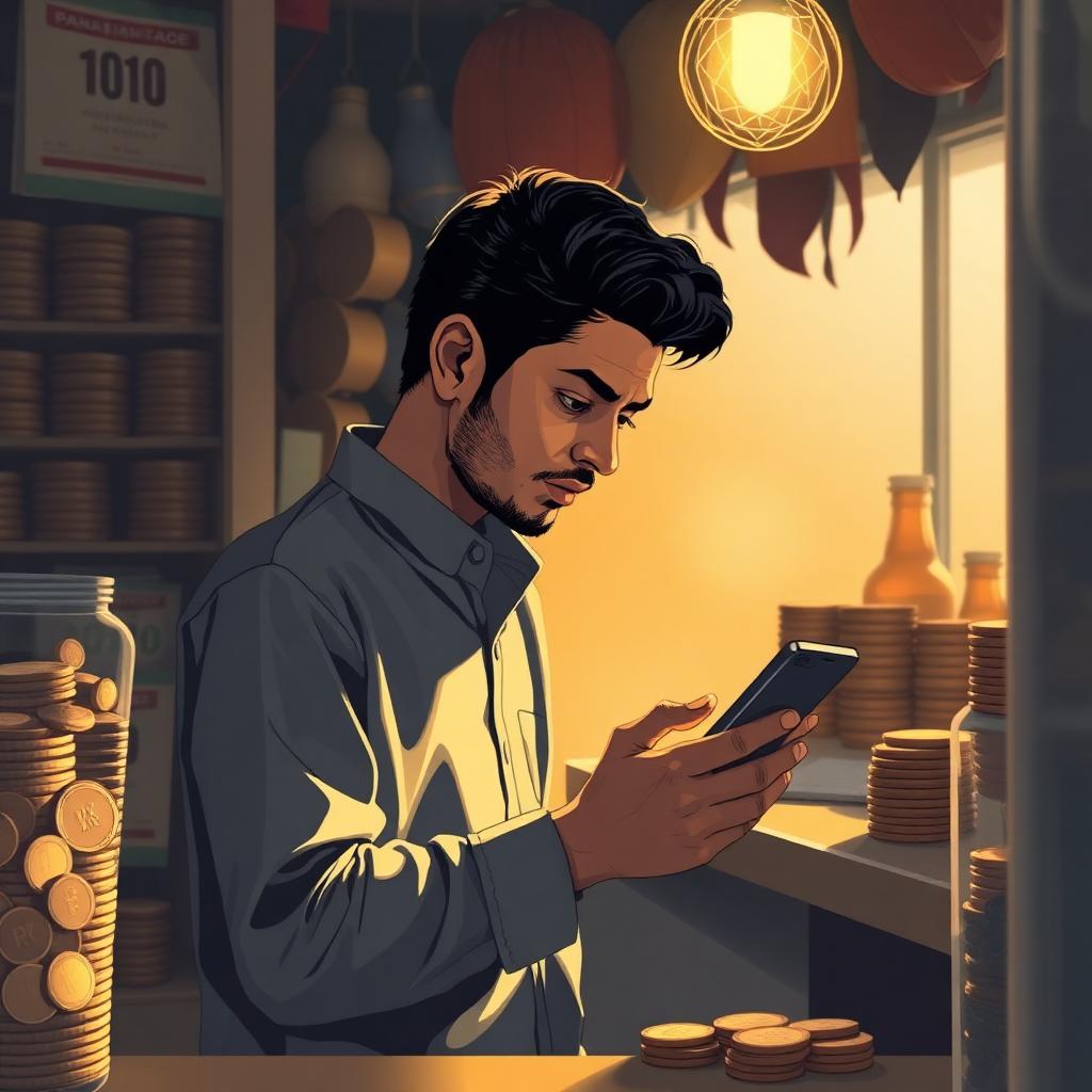 Pakistani shopkeeper using smartphone during quiet hours at counter