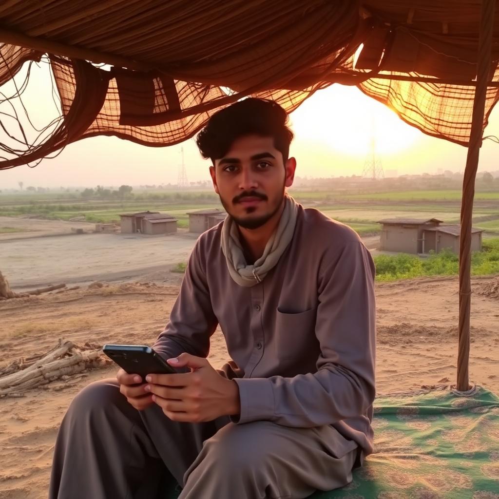 Young Pakistani man in rural village setting using smartphone under a woven shelter at golden hour
