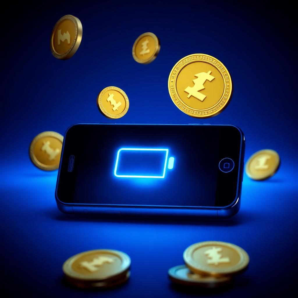 Smartphone with glowing battery icon surrounded by gold PKR coins on dark blue background