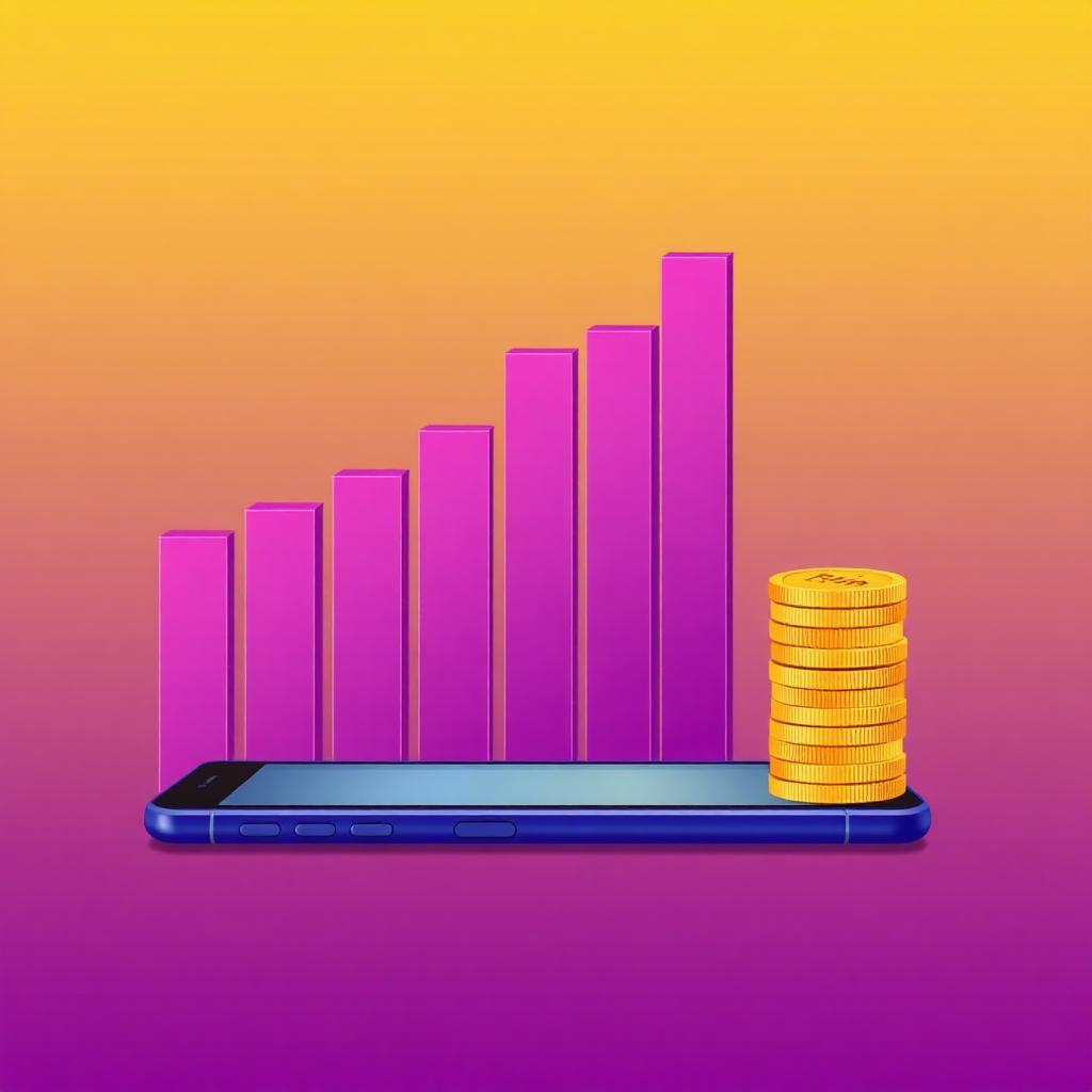 Bar chart rising through the week with mobile phone and PKR gold coins