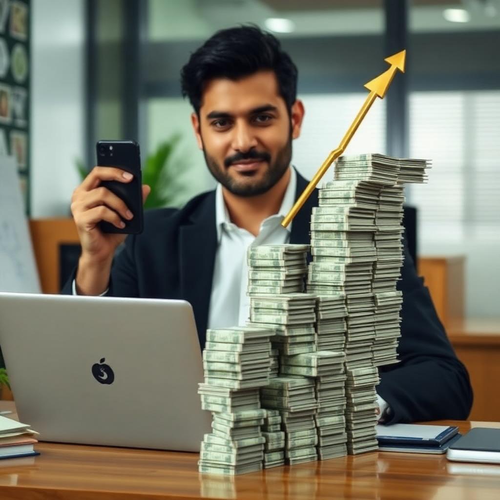 Young Pakistani professional at desk with laptop, phone and rising stacks of PKR notes with upward arrow