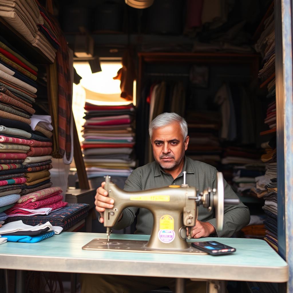 Pakistani tailor sitting behind a sewing machine in a small local shop with fabric rolls on shelves, holding a smartphone during a slow customer window